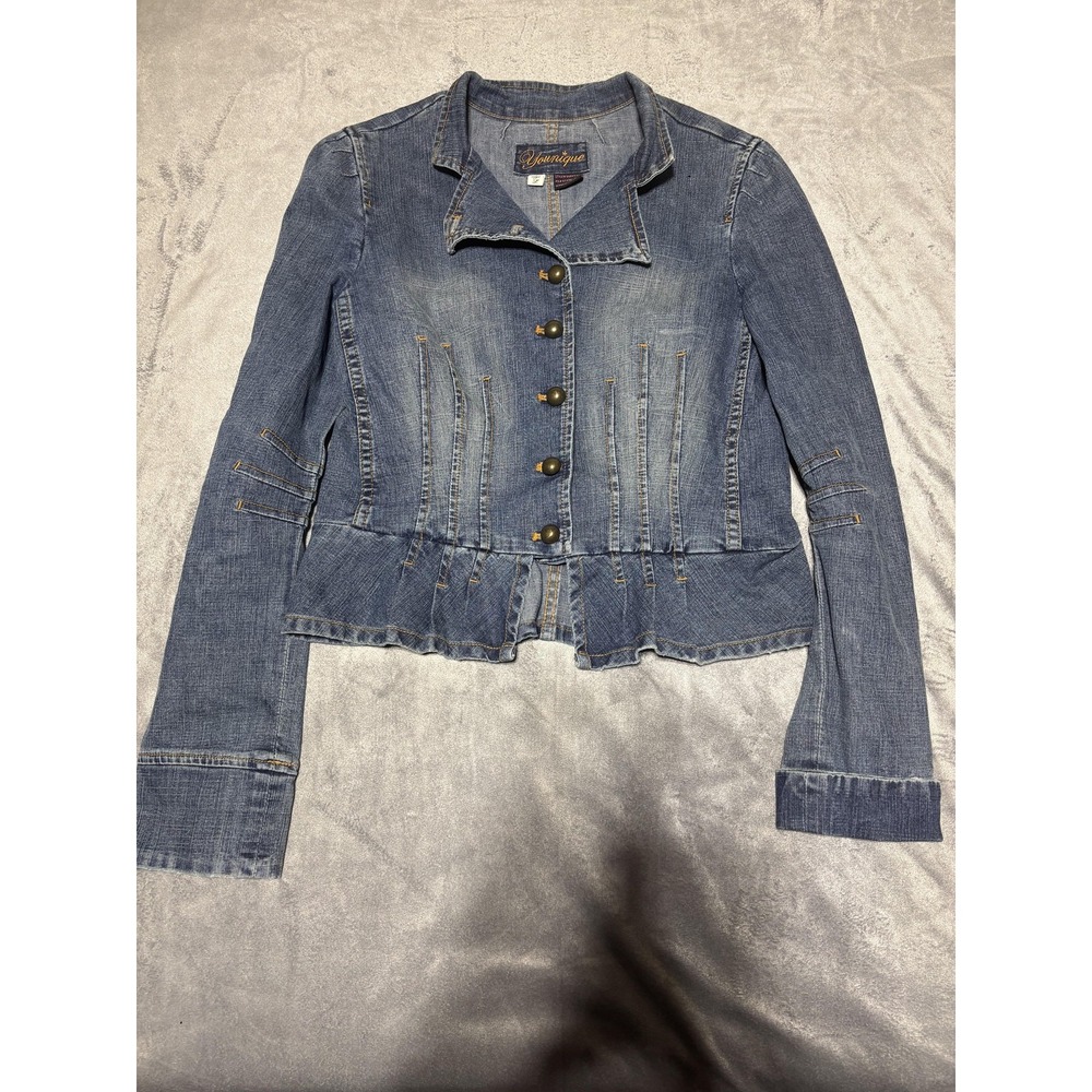 Younique Womens Large Blue Denim Pleated Peplum Button Front Jacket Y2K Retro